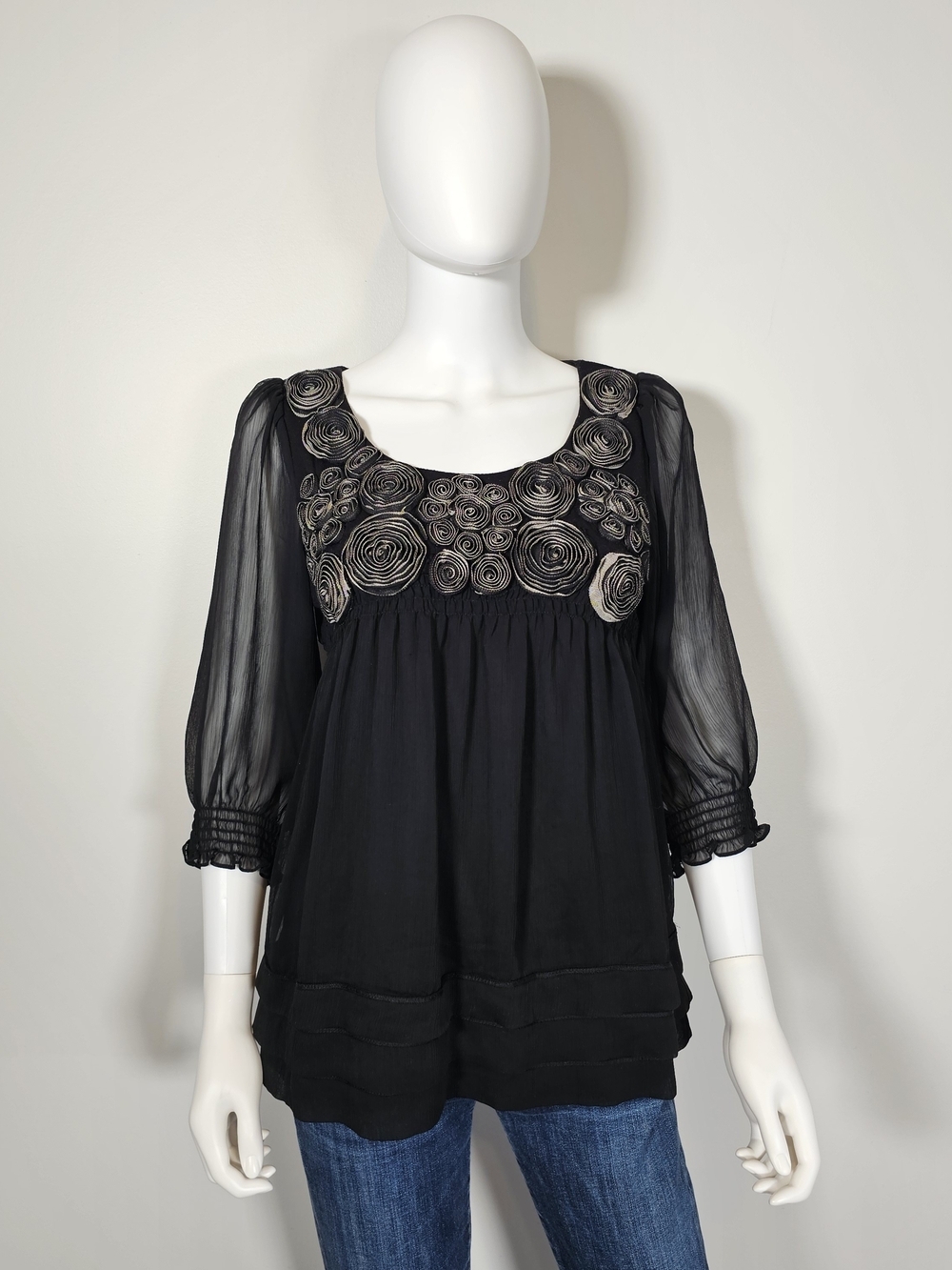 Ice Vintage Black Sheer-Sleeve Top with Taupe Rosette Detail Sz M